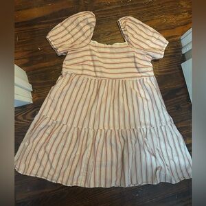 LOFT Pink and White Striped Puff-Sleeve Dress